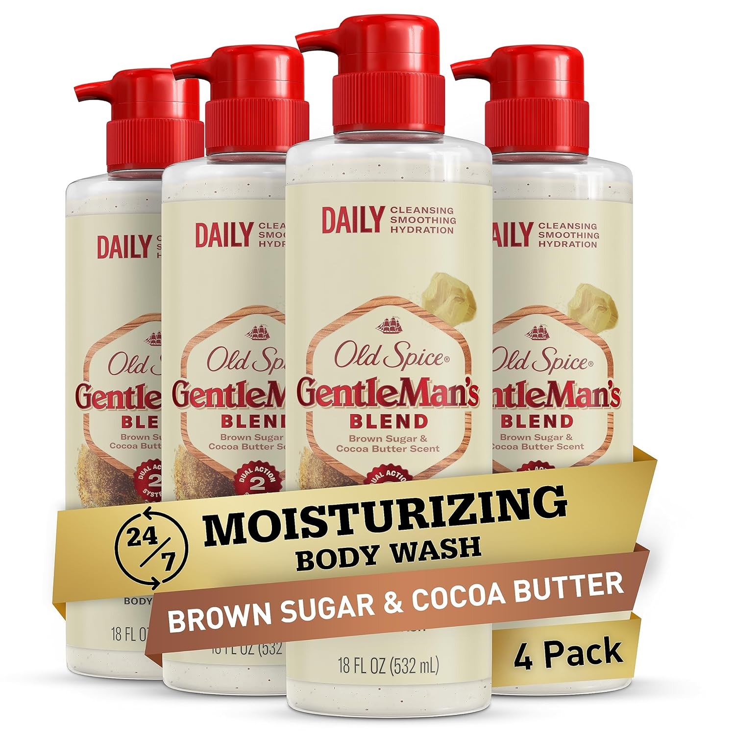 Old Spice Body Wash GentleMan's Blend Exfoliating for Men, 24/7 Moisturization, Gentle on Skin, Brown Sugar & Cocoa Butter Scent, 18 fl oz (Pack of 4)