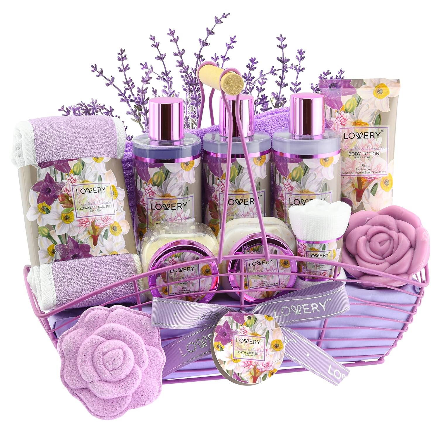 Christmas Gift Sets For Women, Gift Basket for Women & Men, Bath and Body Gift Basket, 13pc Vanilla Lavender Home Spa Set, Body Lotion, Bath Bomb, Shower Gloves Gift for Mom Thank You Birthday Gifts