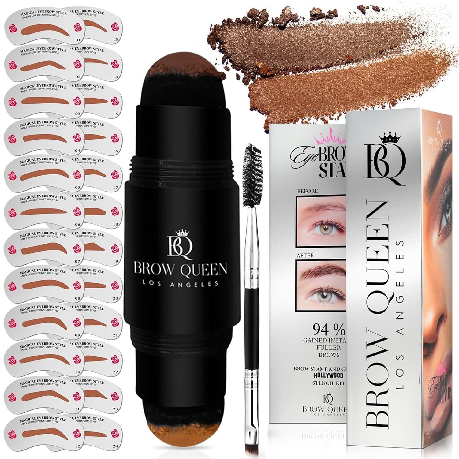 Eyebrow Stamp Kit Waterproof - Eye Brow Stencil Kits for women with Dual-Color Eyebrow Powder Stamp, 24 Shaping Guide Templates - Smudge-Proof eyebrow stencils perfect eyebrow - (Light Brown)