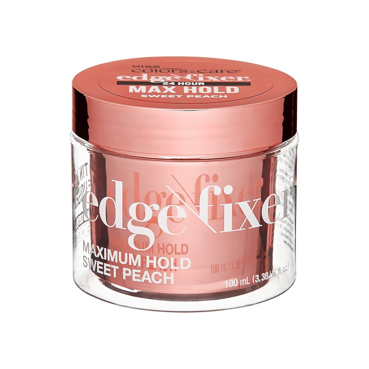 KISS COLORS & CARE Maximum Hold Edge Fixer, Non-Greasy Gel Formula Infused With Biotin B7, 24 Hour Hold, ‘Sweet Peach’ Scented, 3.38 Fl. Oz. (100 ml)