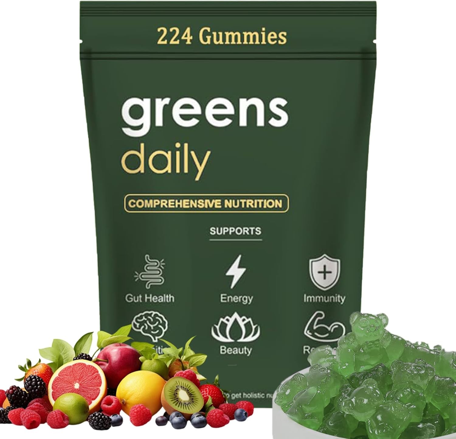 Daily Gummies, Sugar Free Greens Gummies Packets - Organic Chlorella and Spirulina, Digestive & Gut Health, Multi-Fruits Vegetables Vitamins & Minerals - 224 Gummy Bear