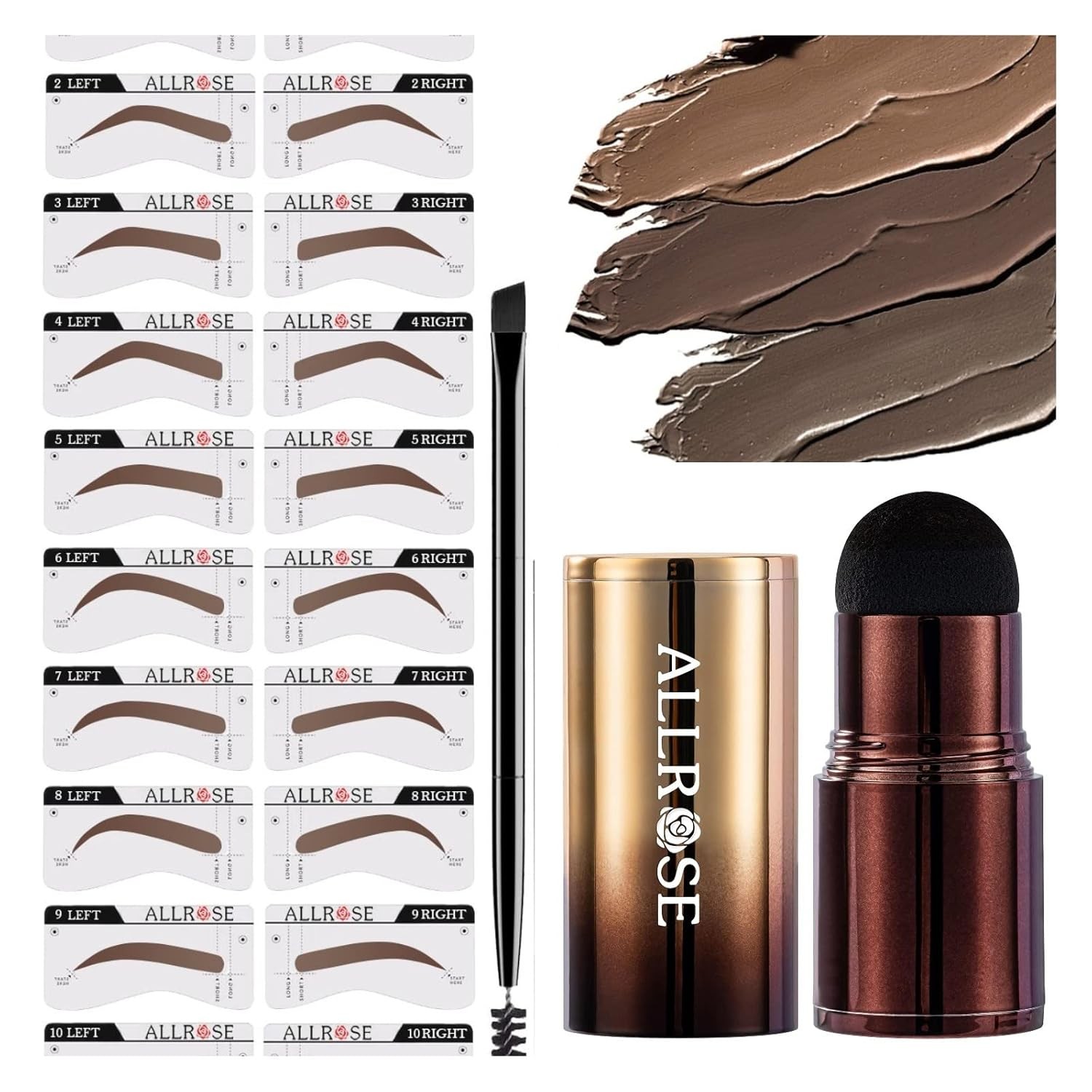 ALLROSE Eyebrow Stamp Stencil Kit - Eyebrow Stencils Perfect Eyebrow Waterproof Eyebrow Stamp, Eye Brow Stencil Kits Brow Stamp, Eyebrow Stencil Kit for Women 20PCS Brow Shaping Kit - Dark Brown