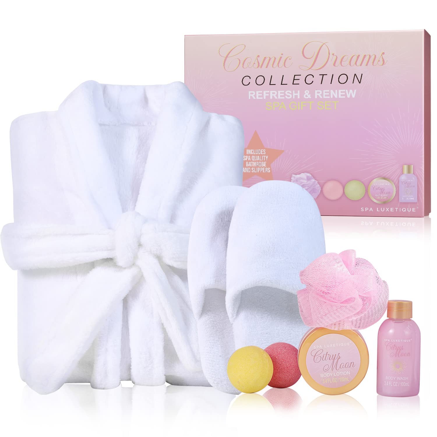 Spa Luxetique Robe and Slippers Spa Set Women, Christmas Gifts for Women, 6pcs Flannel Soft Bath Robe, Bath and Body Works Bath Sets with Slippers, Body Lotion, Bath Bombs, Robe Sets for Women