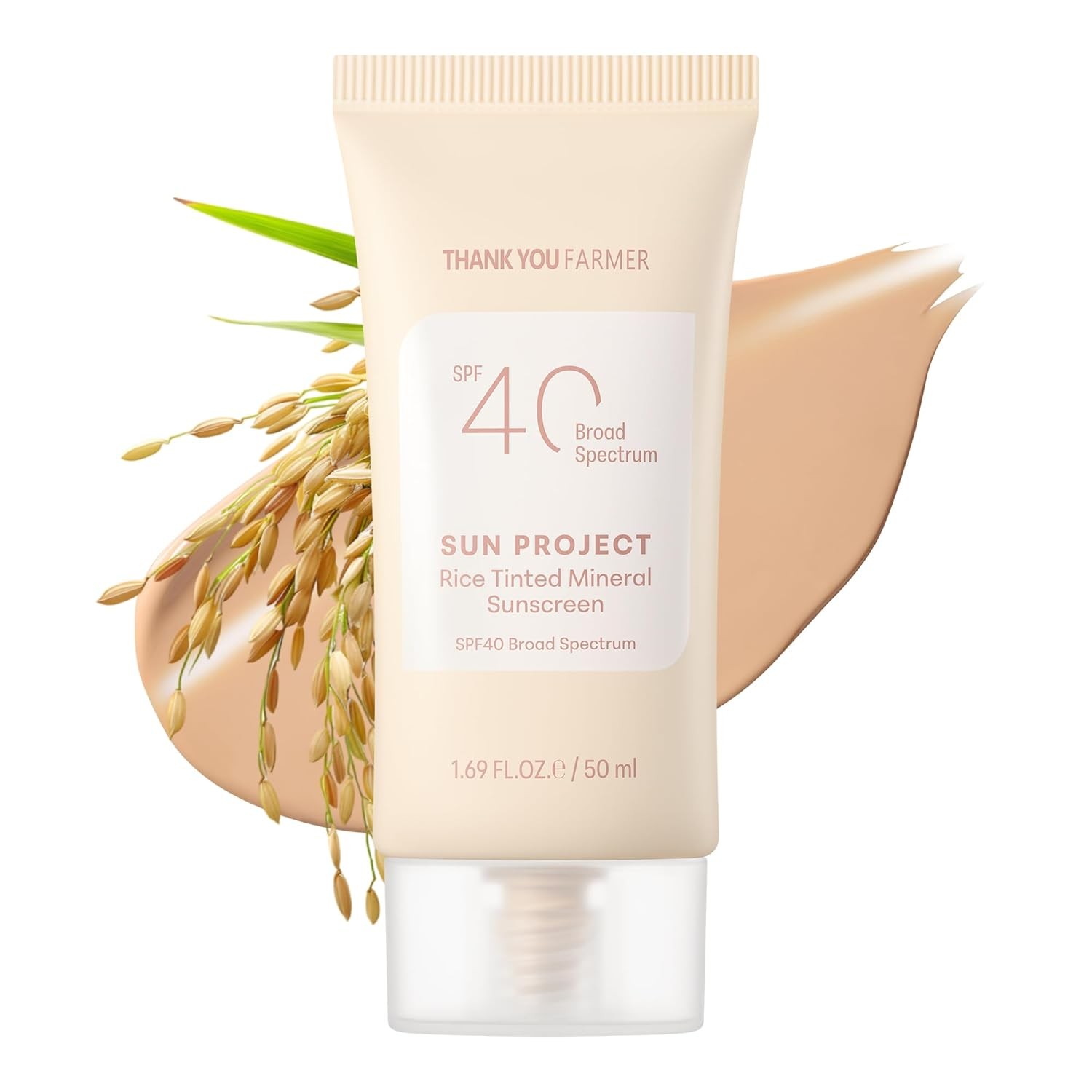 THANKYOU FARMER Sun Project Rice Tinted Mineral Sunscreen SPF40 Broad Spectrum - Korean Face Sunscreen with Zinc Oxide - Tinted SPF with No White Cast, Dermatologist-Tested