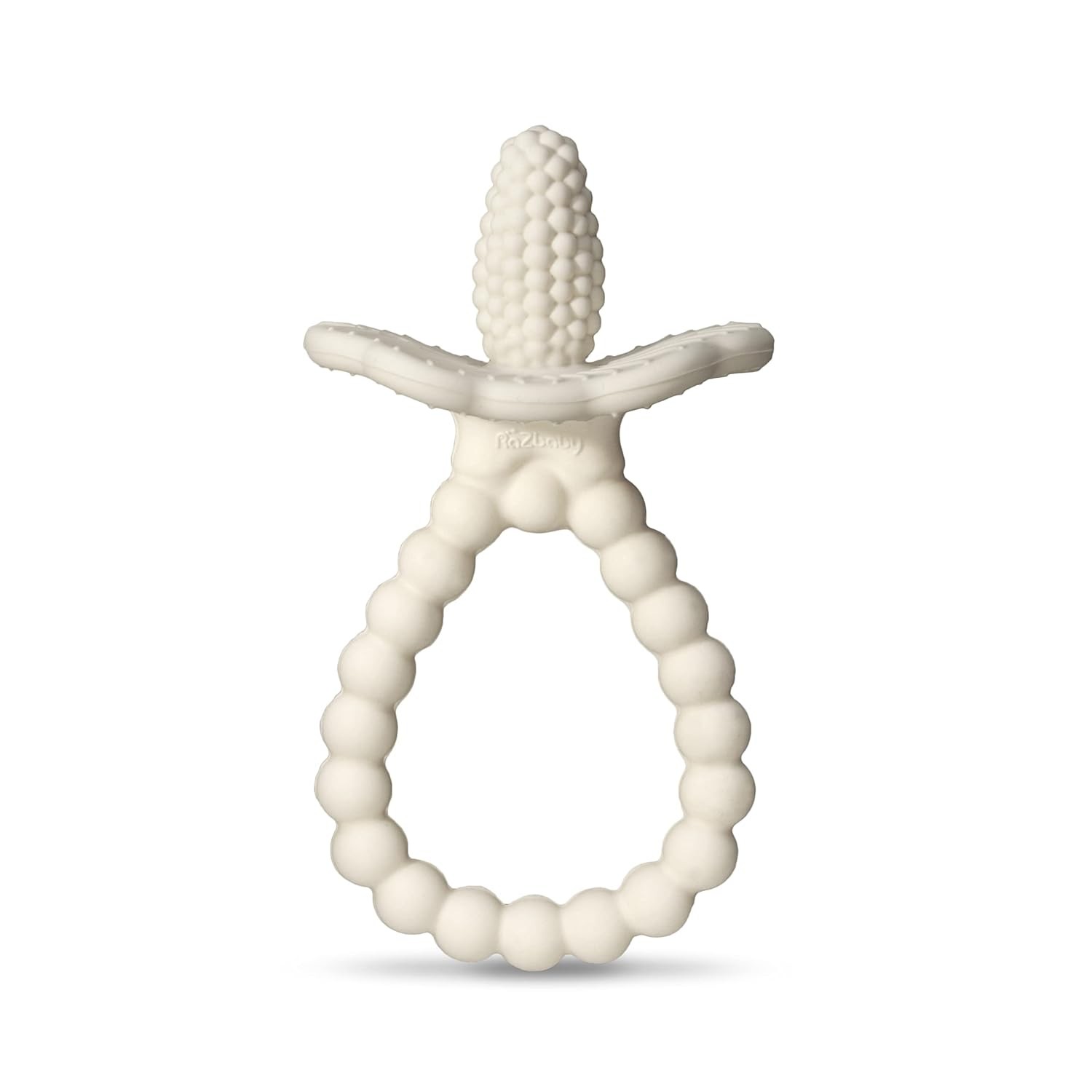 RaZbaby Silicone Baby Teether, BerryBumps Textured Silicone Soothes Babies’ Sore Gums, Infant Front and Back Teething Relief Toy, BPA Free, Easy-to-Hold, RaZberry Plus Fruit Shape, 3M+ – White