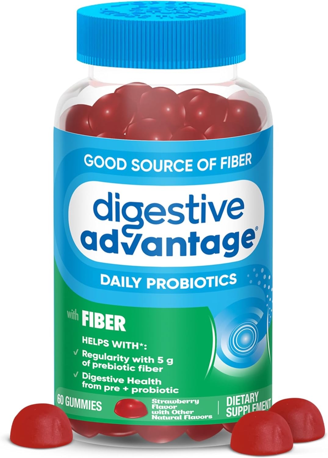 Digestive Advantage Prebiotic Fiber Supplement with Probiotics for Women & Men Digestive Health, Fiber Gummies for Adults Regularity and Gut Health, 60ct Strawberry Flavor