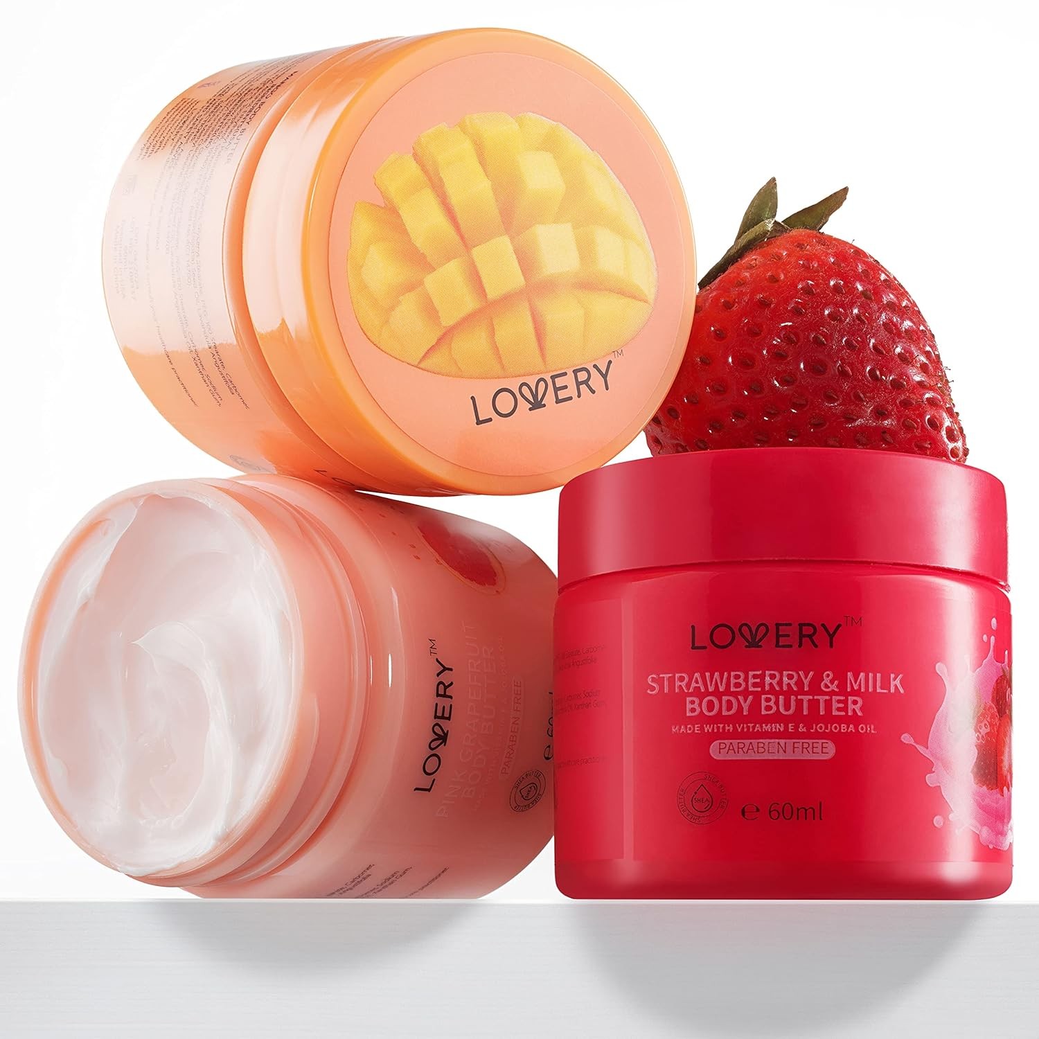Whipped Body Butter Creams in Mango, Pink Grapefruit, Strawberry Scents, Ultra-Hydrating Shea Enriched with Jojoba Oil & Vitamin E, Natural Skin Moisturizer for Men & Women, Normal to Dry Skin, 3pc