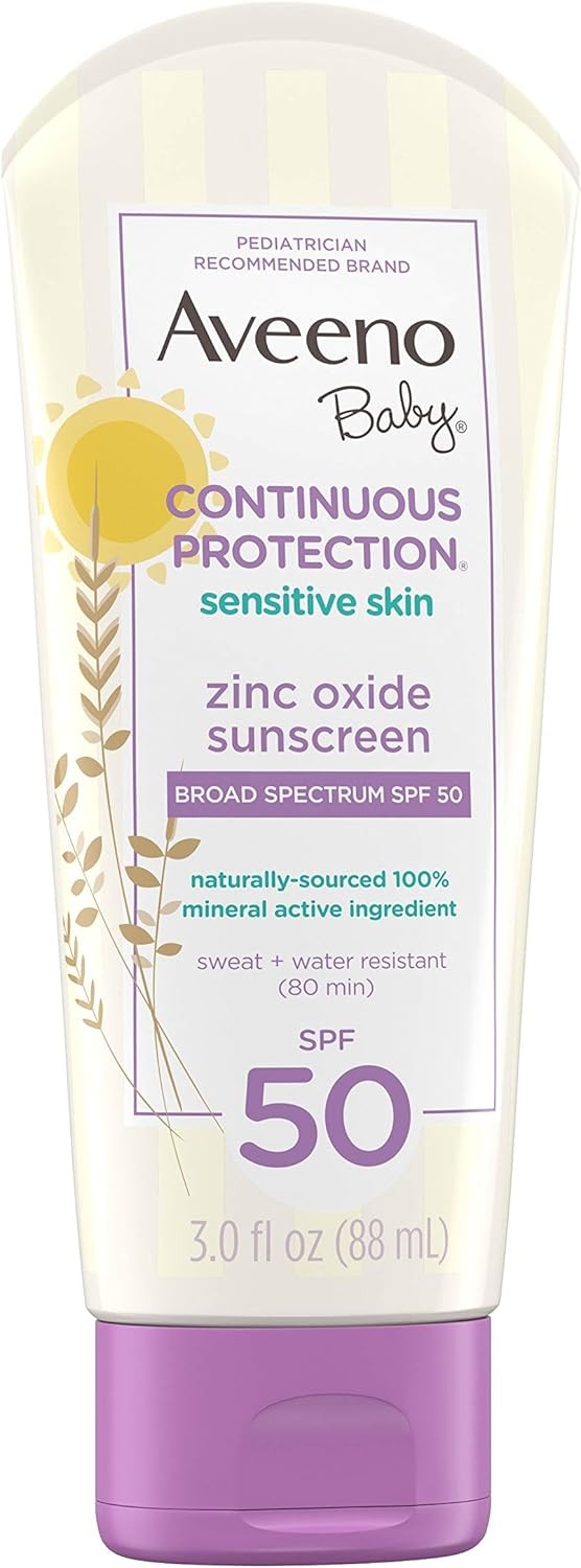 Aveeno Baby Continuous Protection Zinc Oxide Mineral Sunscreen Lotion for Sensitive Skin with Broad Spectrum SPF 50, Tear-Free, Sweat- & Water-Resistant, Travel-Size, 3 fl. Oz