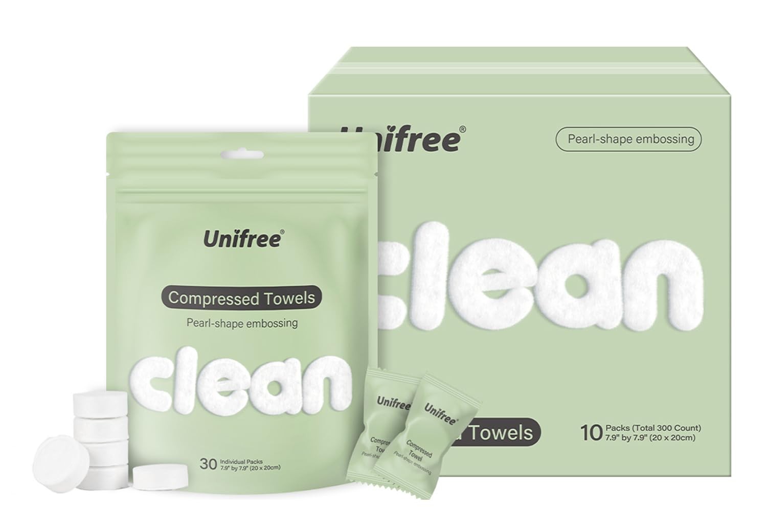 Unifree Compressed Towels I Towelettes I Dry Wipes I Makeup Remover I Facial Tissues I On-the-go Convenient Individual Pack (300 count)