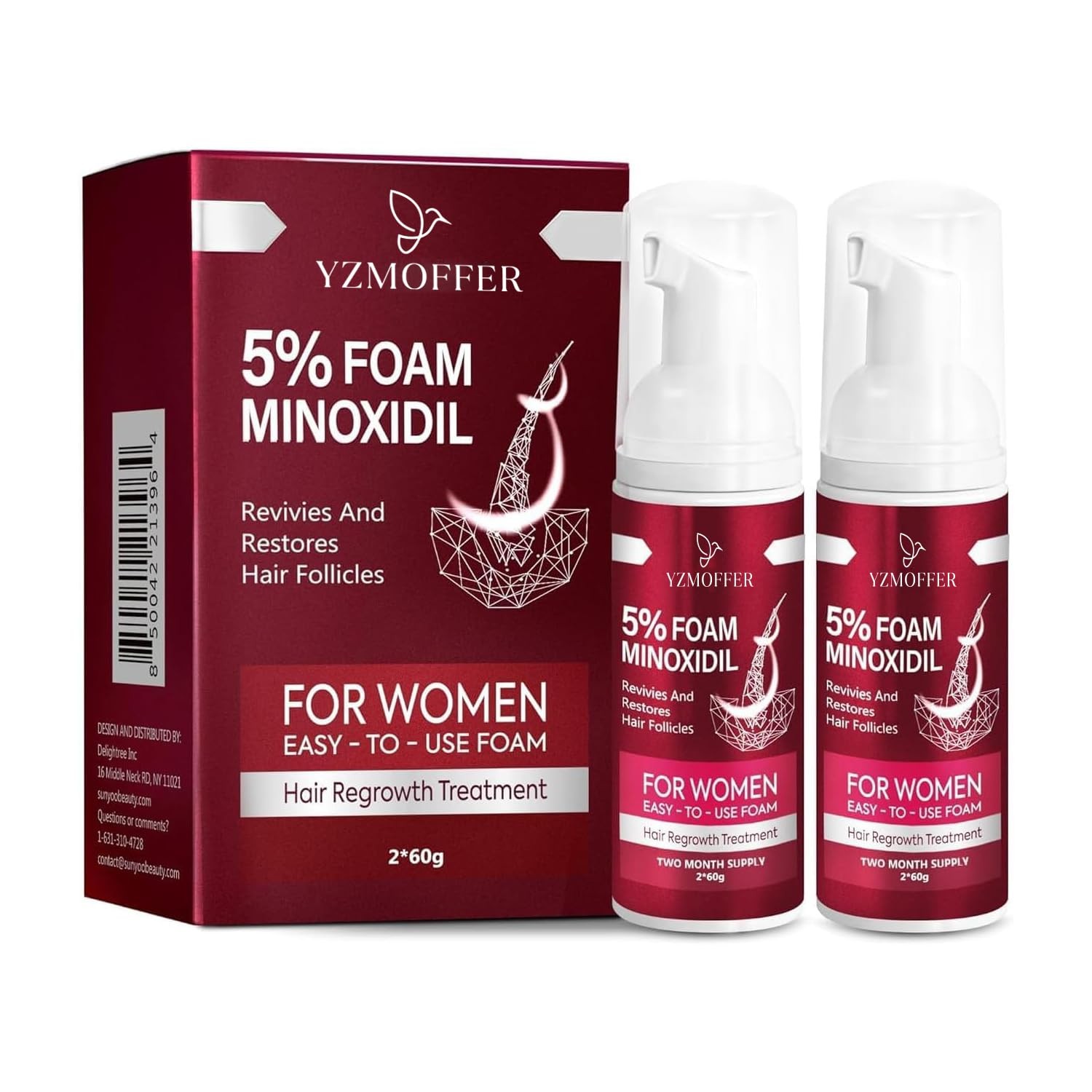 Women's 5% Minoxidil Foam, Hair Growth Treatment for Women's Thicker and Fuller Hair, 2 Pack of 60g, Red