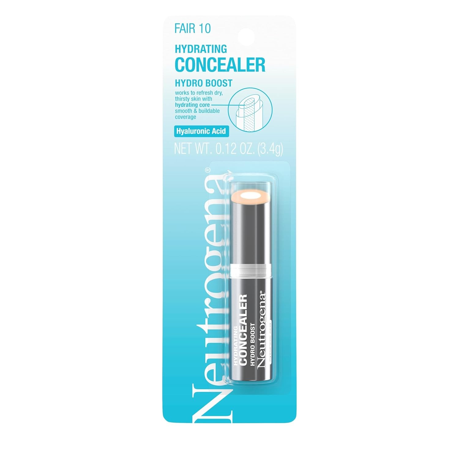 Neutrogena Hydro Boost Hydrating Concealer Stick for Dry Skin, Oil-Free, Lightweight, Non-Greasy and Non-Comedogenic Cover-Up Makeup with Hyaluronic Acid, 10/Fair, 0.12 Oz
