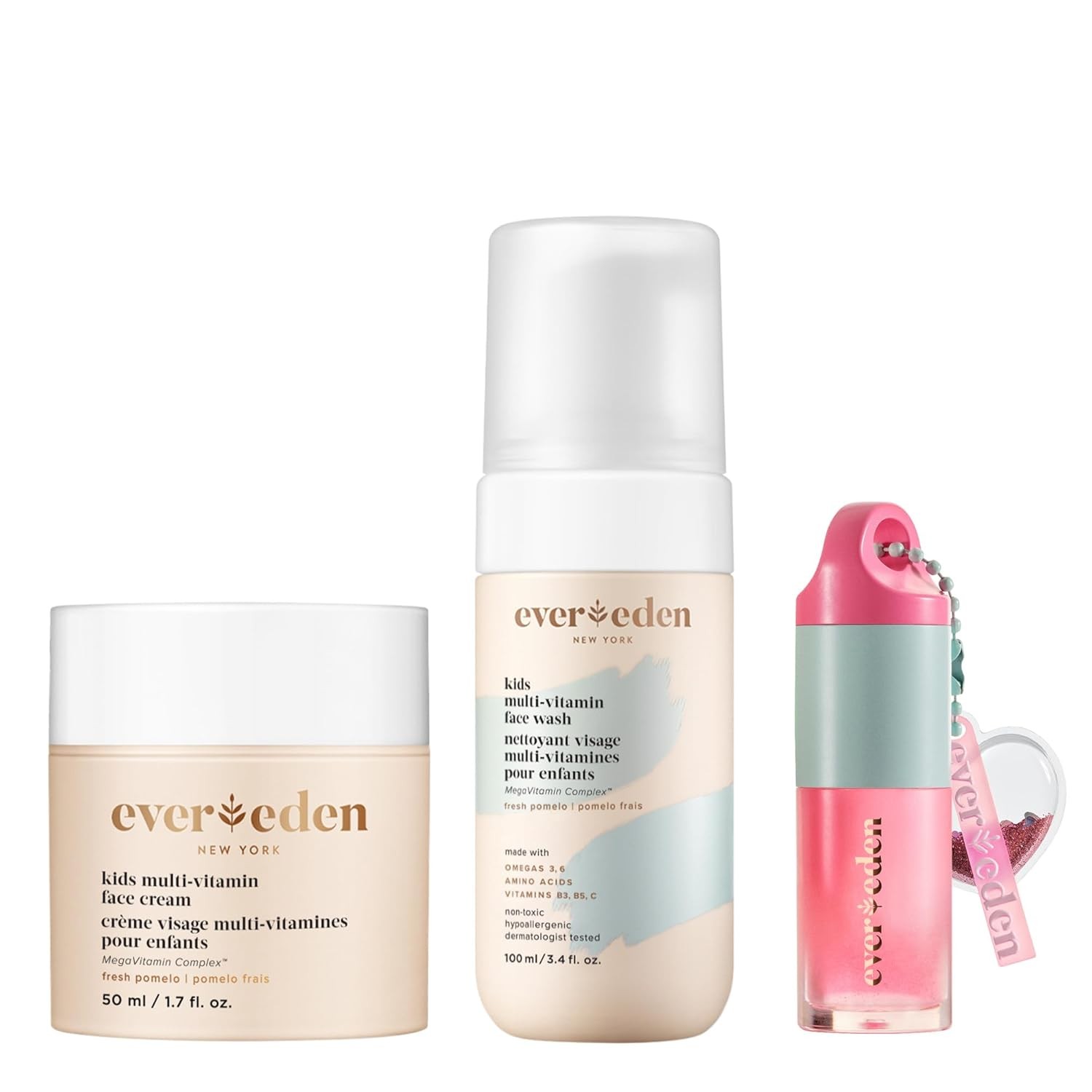 Evereden Happy Kids Skin & Lips Routine - Multi-Vitamin Kids Face Wash & Kids Face Cream & Tinted Lip Oil Set - Clean & Vegan Skin Care for Kids 3+ - Moisturizing, Nourishing, & Protective Kids Skin